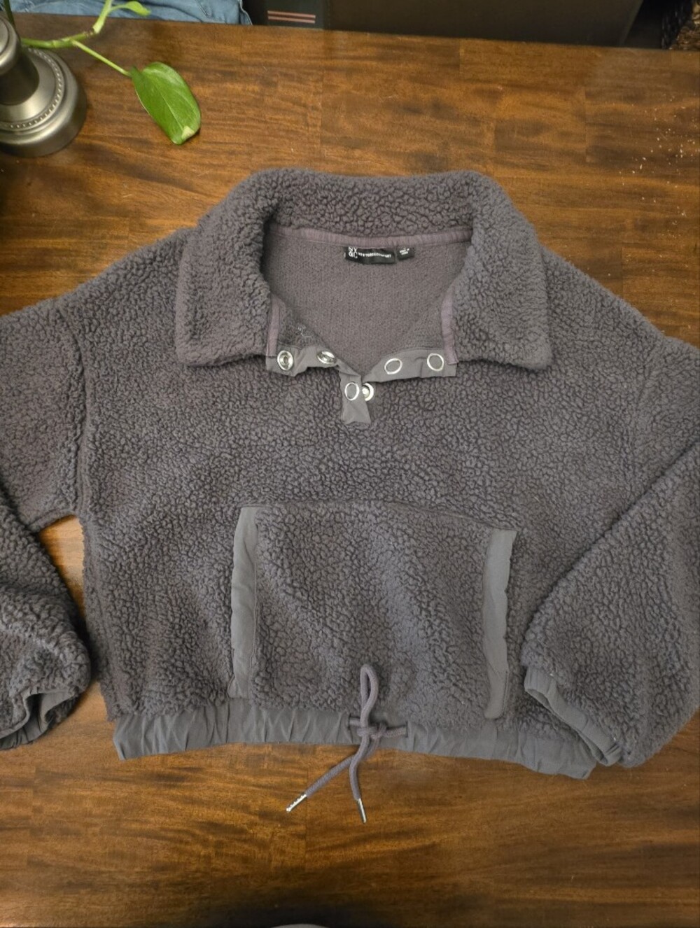 New York & Company Cropped Sherpa Fleece Pullover Jacket – Gray, Size Small